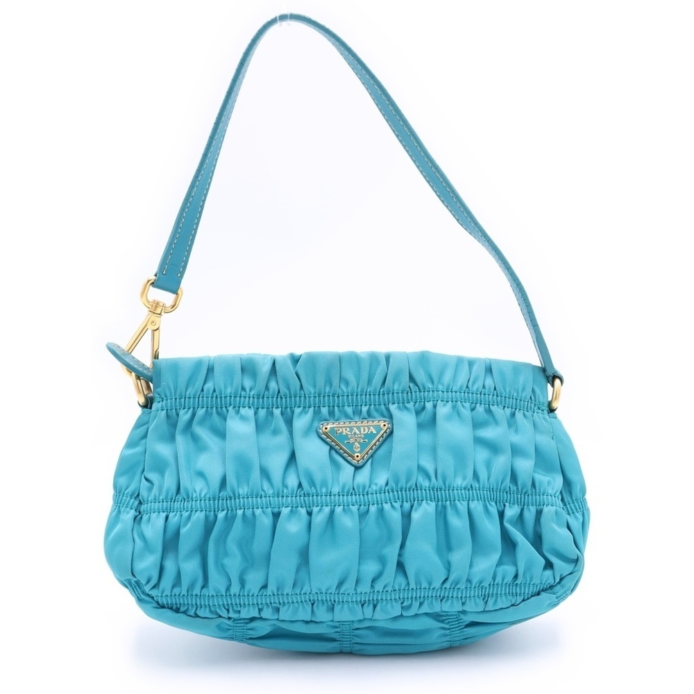 PRADA gathered pochette handbag bag Turquoise Blue Tessuto